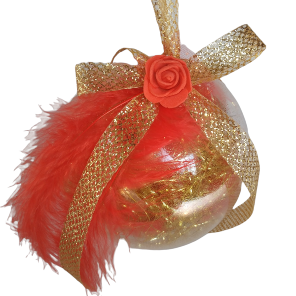 Χριστουγεννιάτικη μπάλα με χρυσό και πούπουλα - νήμα, λουλούδια, στολίδια, μπάλες