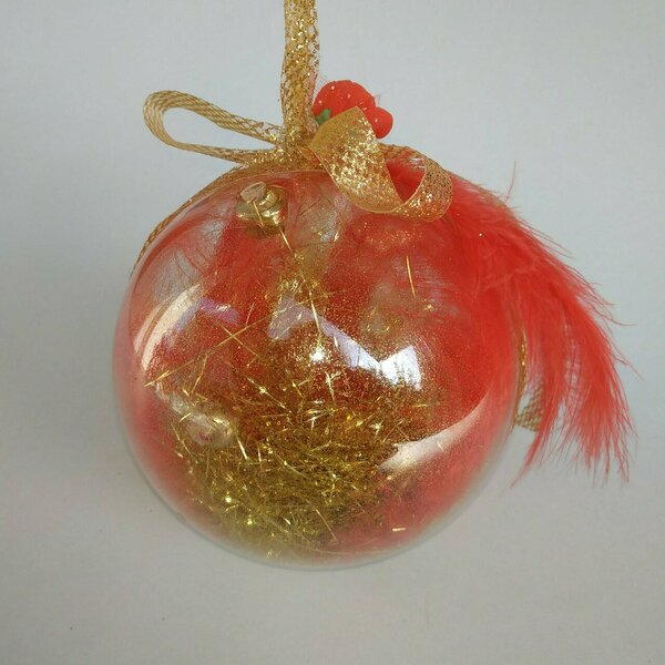 Χριστουγεννιάτικη μπάλα με χρυσό και πούπουλα - νήμα, λουλούδια, στολίδια, μπάλες - 3