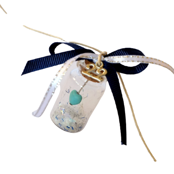 Γούρι Γαλάζια Καρδιά σε γυάλινο μπουκαλάκι με φελλό - γυαλί, καρδιά, χιονονιφάδα, χριστουγεννιάτικα δώρα, γούρια - 2