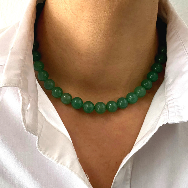 Χειροποίητο γυναικείο κολιέ με 12 χιλ. πράσινες πέτρες αβεντουρίνης - ασήμι 925, τσόκερ, χάντρες, κοντά - 2