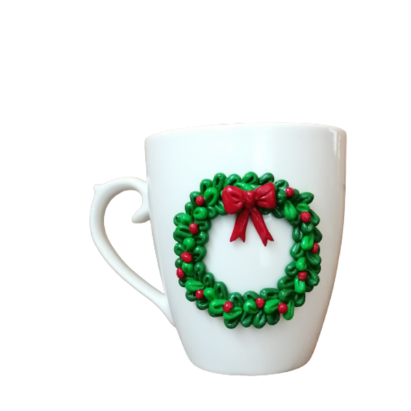 Χριστουγεννιάτικη Χειροποίητη τρισδιάστατη κούπα με πολυμερικό πηλό σχέδιο Στεφάνι - πηλός, χριστουγεννιάτικα δώρα, κούπες & φλυτζάνια, είδη κουζίνας
