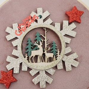 Χριστουγεννιάτικο διακοσμητικό τελάρο 15,5cm - ξύλο, αστέρι, βελούδο, χιονονιφάδα, στολίδια - 3