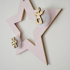 Χριστουγεννιάτικο διακοσμητικό αστέρι 20cm σε ροζ χρώμα - ξύλο, αστέρι, pom pom, διακοσμητικά, χιονονιφάδα - 2