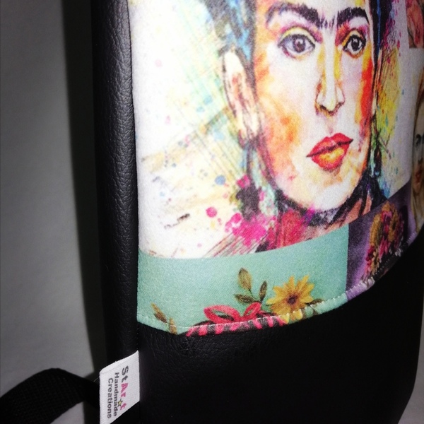 Backpack Frida Kahlo με μαύρη δερματίνη - ύφασμα, πλάτης, μεγάλες, all day, δερματίνη - 5