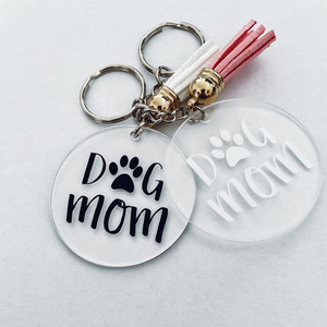 Μπρελόκ πλέξιγκλας Dog mom με φουντίτσα 5cm - γυαλί, charms, μαμά, plexi glass