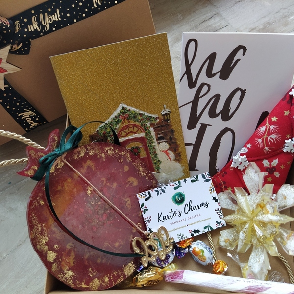Karto's Christmas Gift Box - ύφασμα, ξύλο, ρόδι, χιονονιφάδα, σετ δώρου, γούρια - 4