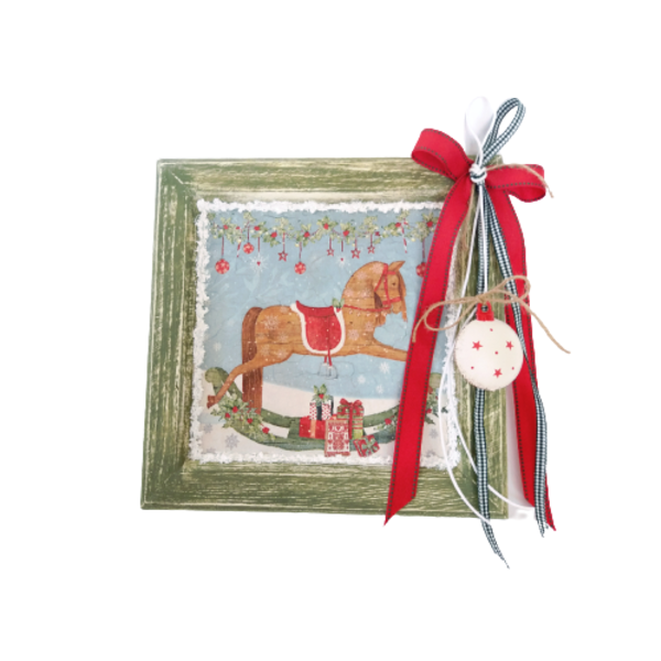 Χριστουγεννιάτικο διακοσμητικό Καδράκι αλογάκι πράσινο κόκκινο 23×23εκ. - ξύλο, πίνακες & κάδρα, διακοσμητικά