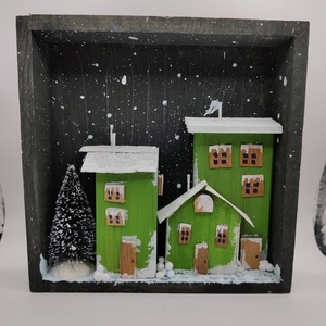 Ξύλινη Χιονισμένη πόλη σε καδράκι 14*14 - ξύλο, πίνακες & κάδρα, διακοσμητικά, χριστουγεννιάτικα δώρα - 3