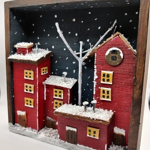 Κόκκινη χιονισμένη πόλη σε καδράκι - ξύλο, σπίτι, διακοσμητικά, χριστουγεννιάτικα δώρα - 2