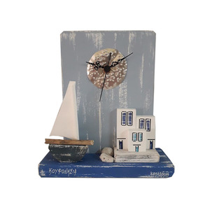 Ρολόι επιτραπέζιο ξύλινο χειροποίητο Νησιώτικα σπίτια με καράβι 20x22x7 πολύχρωμο Καπαδάκης - επιτραπέζια, ξύλο, χειροποίητα, ξύλινα διακοσμητικά, ζωγραφισμένα στο χέρι