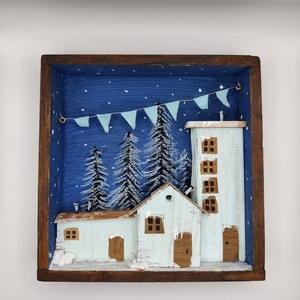 ξύλινο καδράκι 14x14 Λευκή χιονισμένη πόλη - ξύλο, πίνακες & κάδρα, διακοσμητικά - 2