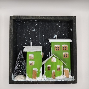 Ξύλινη Χιονισμένη πόλη σε καδράκι 14*14 - ξύλο, πίνακες & κάδρα, διακοσμητικά, χριστουγεννιάτικα δώρα - 2