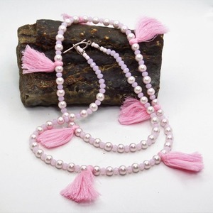 "Romantic" - Κολιέ με πέρλες, κρύσταλλα και φούντες σε χρώμα ροζ - κρύσταλλα, με φούντες, χάντρες, ροζάριο, πέρλες - 2