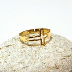 Γυναικείο δαχτυλίδι σταυρός ανοιγόμενο από ατσάλι χρυσό επιχρύσωμα - γυναικεία, επιχρυσωμένα, σταυρός, ατσάλι, αυξομειούμενα - 3