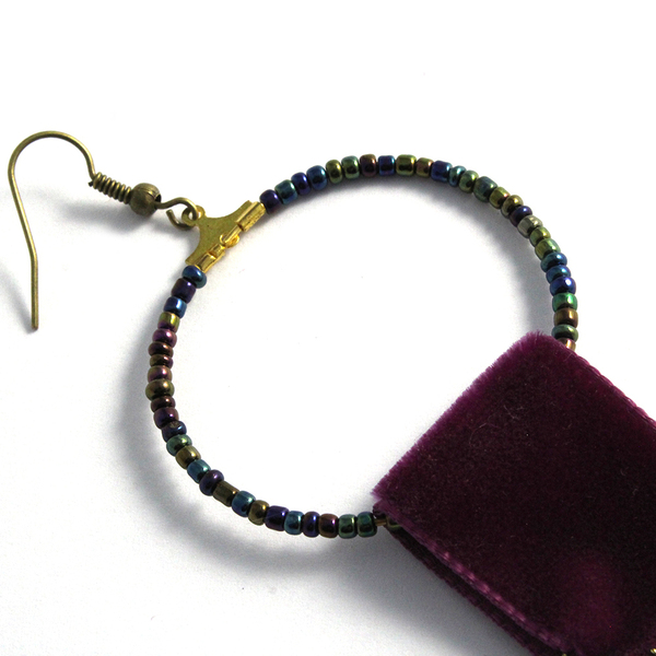 Σκουλαρίκια με ραμμένο ύφασμα και λεπτομέρειες σε μπορντώ χρώμα - ημιπολύτιμες πέτρες, μακραμέ, κρίκοι, boho, μεγάλα - 4