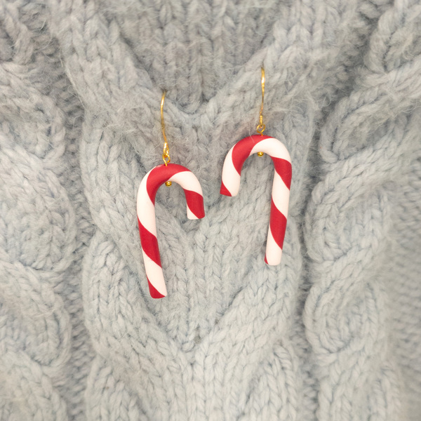 Κρεμαστά χριστουγεννιάτικα σκουλαρίκια σε σχήμα ζαχαρωτού από πολυμερικό πηλό (μέγεθος περίπου 4 εκ.) - πηλός, ατσάλι, κρεμαστά, candy - 3