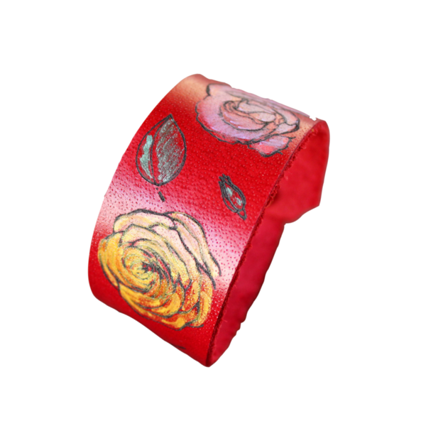 Γυναικείο Δερμάτινο Βραχιόλι Κόκκινο Floral 20 Χ 3 εκ - δέρμα, λουλούδι, χεριού, φαρδιά, φθηνά