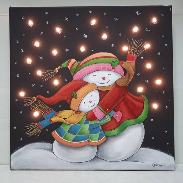Φωτιζόμενος πίνακας με χιονάνθρωπους αγκαλιά. 40Χ40εκ. - πίνακες & κάδρα, διακοσμητικά, χιονάνθρωπος, χριστουγεννιάτικα δώρα