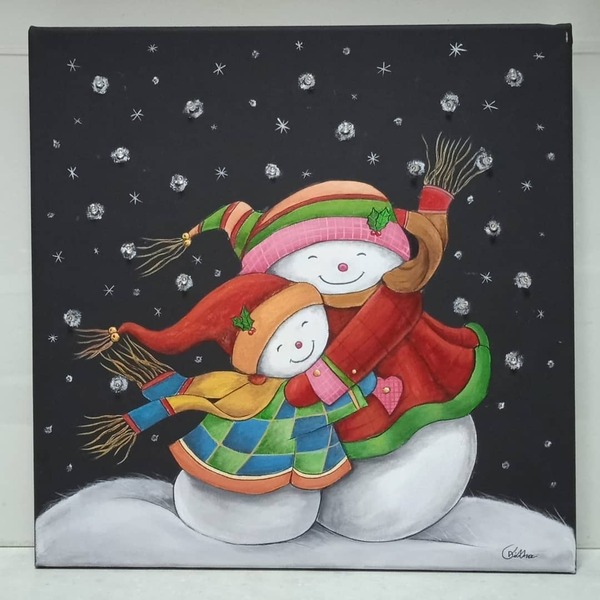 Φωτιζόμενος πίνακας με χιονάνθρωπους αγκαλιά. 40Χ40εκ. - πίνακες & κάδρα, διακοσμητικά, χιονάνθρωπος, χριστουγεννιάτικα δώρα - 2