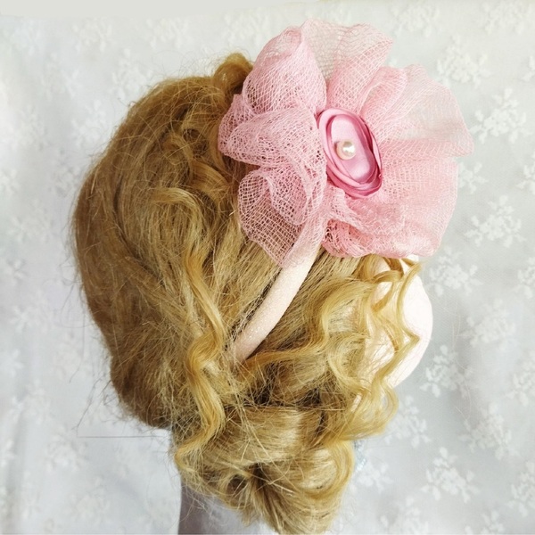 Παιδική Στέκα με ροζ φρουφρού γάζας και ροζ σατέν λουλούδι - δώρο, λουλούδια, στέκες μαλλιών παιδικές, αξεσουάρ μαλλιών, στέκες - 3