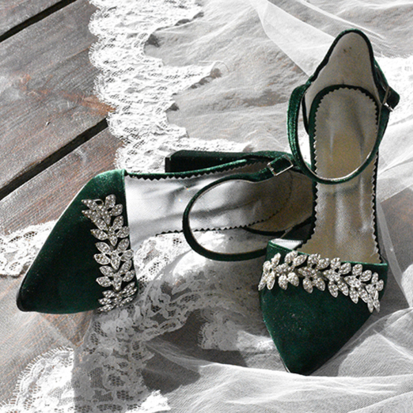 Βελουτέ Γυναικεία Παπούτσια με Χοντρό Τακούνι σε Πράσινο Σκούρο Χρώμα. - δέρμα, γυναικεία, βελούδο - 3
