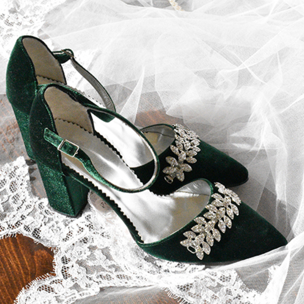 Βελουτέ Γυναικεία Παπούτσια με Χοντρό Τακούνι σε Πράσινο Σκούρο Χρώμα. - δέρμα, γυναικεία, βελούδο - 2