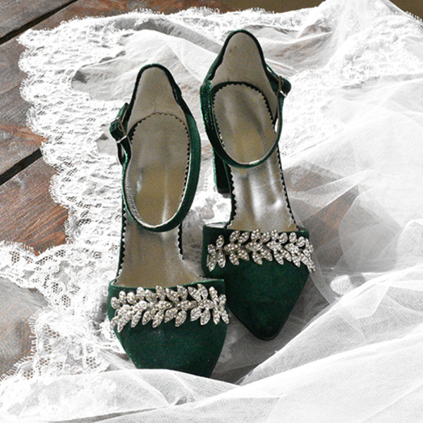 Βελουτέ Γυναικεία Παπούτσια με Χοντρό Τακούνι σε Πράσινο Σκούρο Χρώμα. - δέρμα, γυναικεία, βελούδο - 4