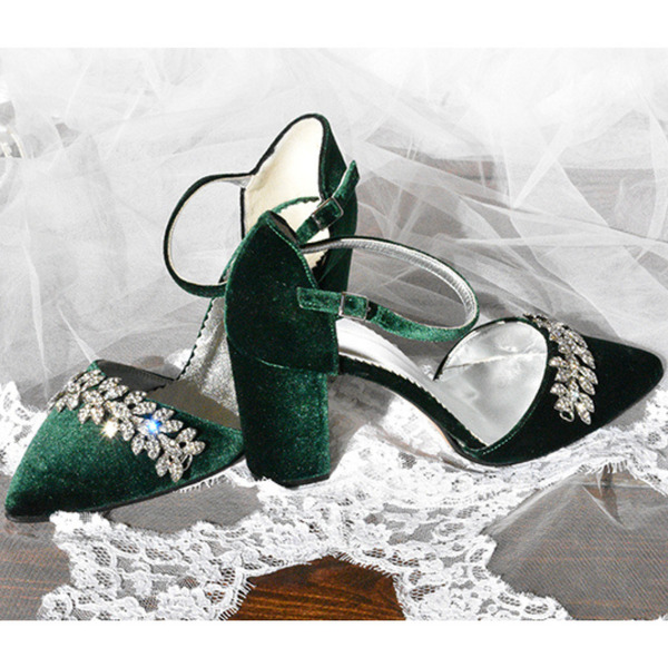 Βελουτέ Γυναικεία Παπούτσια με Χοντρό Τακούνι σε Πράσινο Σκούρο Χρώμα. - δέρμα, γυναικεία, βελούδο