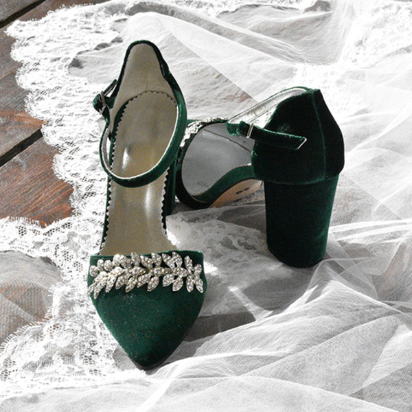 Βελουτέ Γυναικεία Παπούτσια με Χοντρό Τακούνι σε Πράσινο Σκούρο Χρώμα. - δέρμα, γυναικεία, βελούδο - 5
