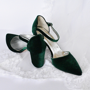 Γυναικεία Παπούτσια με Χοντρό Τακούνι σε Πράσινο Σκούρο Χρώμα - γυναικεία, βελούδο