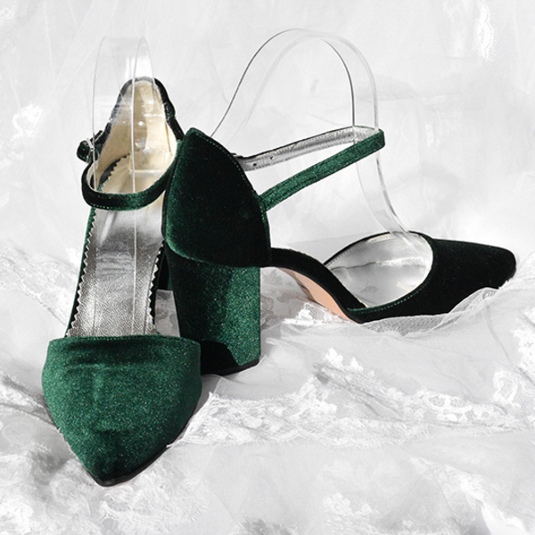 Γυναικεία Παπούτσια με Χοντρό Τακούνι σε Πράσινο Σκούρο Χρώμα - γυναικεία, βελούδο - 2