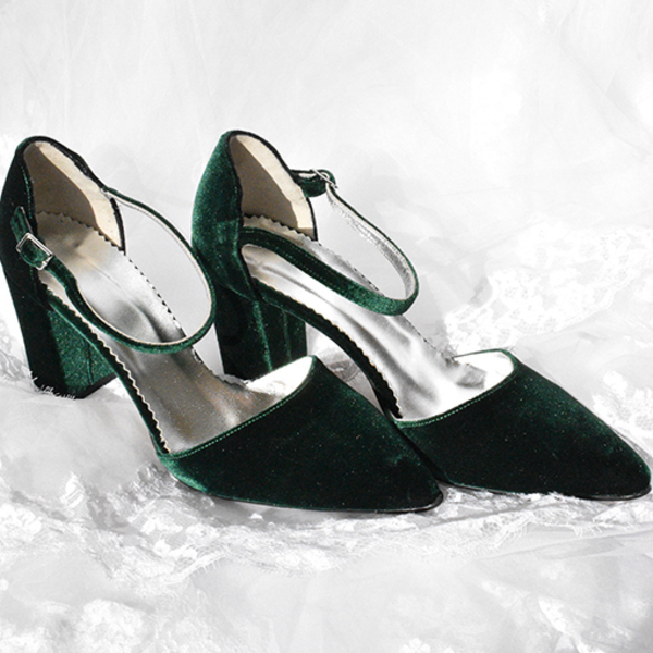 Γυναικεία Παπούτσια με Χοντρό Τακούνι σε Πράσινο Σκούρο Χρώμα - γυναικεία, βελούδο - 3