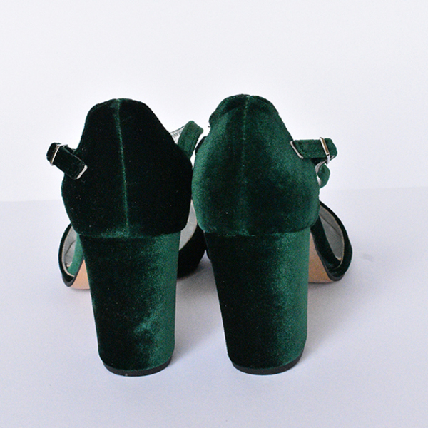 Γυναικεία Παπούτσια με Χοντρό Τακούνι σε Πράσινο Σκούρο Χρώμα - γυναικεία, βελούδο - 4