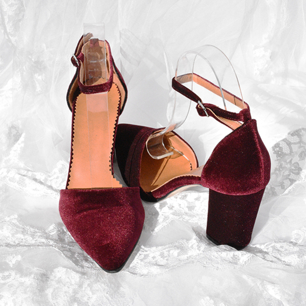 Βελουτέ Γυναικεία Παπούτσια με Χοντρό Τακούνι σε Μπορντό Χρώμα - γυναικεία, βελούδο - 2