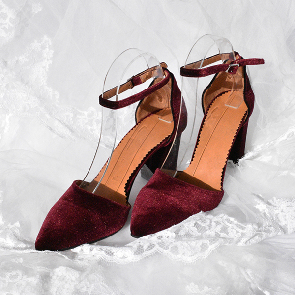 Βελουτέ Γυναικεία Παπούτσια με Χοντρό Τακούνι σε Μπορντό Χρώμα - γυναικεία, βελούδο - 3