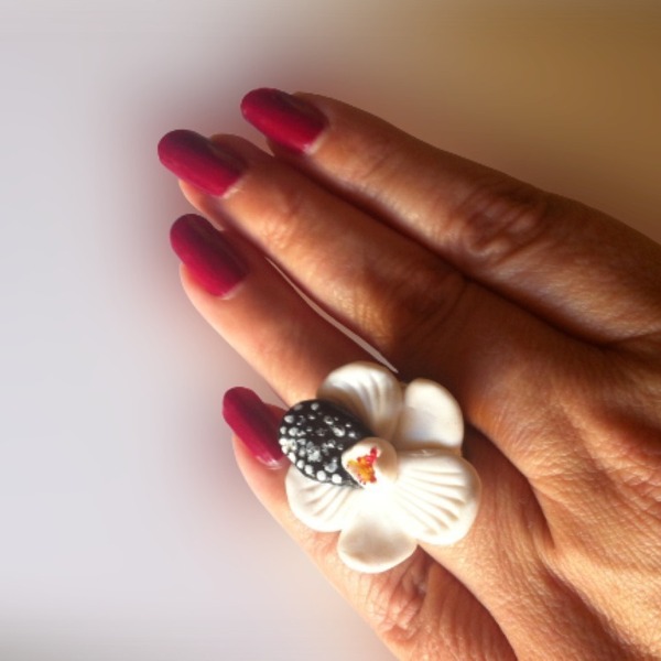 χειροποιητη λευκη ορχιδεα δαχτυλιδι πολυμερικου πηλου - πηλός, λουλούδι, μεγάλα, αυξομειούμενα - 3