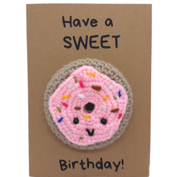 Ευχετήρια κάρτα με πλεκτό ντόνατ - γενέθλια, amigurumi