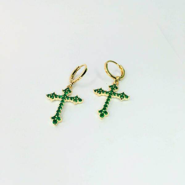 κρεμαστό σκουλαρίκι σταυρού με πράσινες πέτρες - ορείχαλκος, μικρά, boho, κρεμαστά, γάντζος - 3