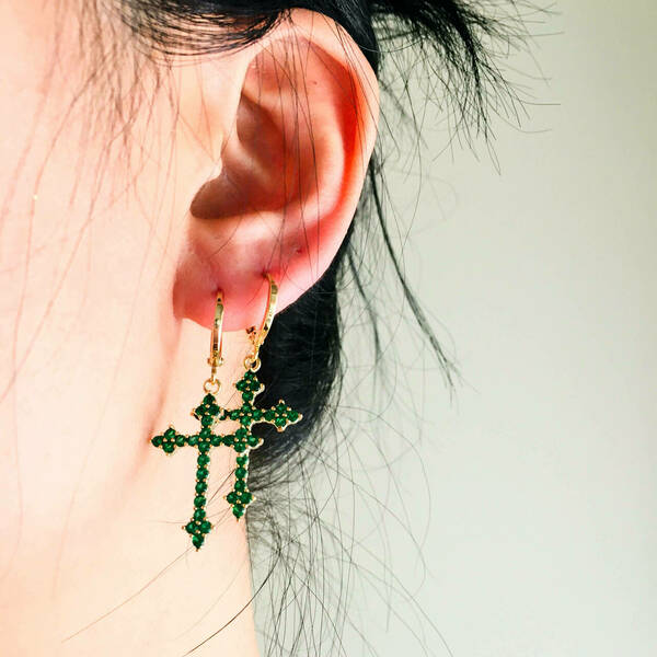 κρεμαστό σκουλαρίκι σταυρού με πράσινες πέτρες - ορείχαλκος, μικρά, boho, κρεμαστά, γάντζος - 4