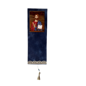 χειροποίητος βελουτέ μπλε σελιδοδείκτης με εικόνα του Χριστού - με φούντες, σελιδοδείκτες