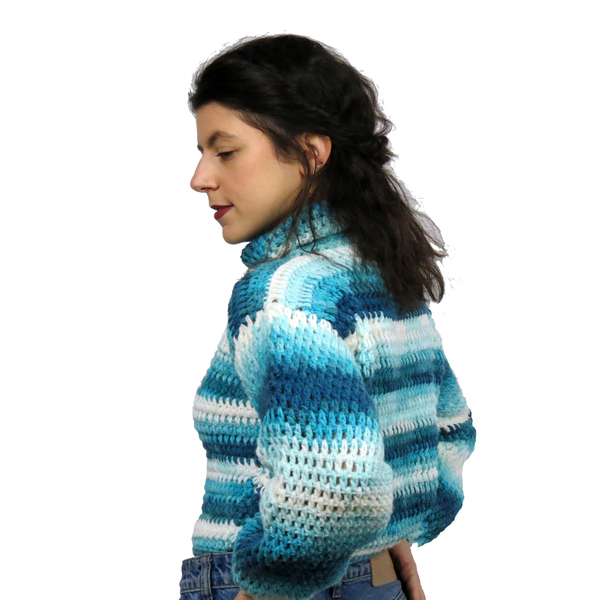 Πλεκτό χειροποίητο πολύχρωμο πουλόβερ σε αποχρώσεις του μπλε - ακρυλικό, μακρυμάνικες - 3