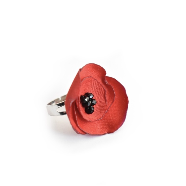 Δαχτυλίδι με κόκκινο λουλούδι - χάντρες, λουλούδι, ατσάλι, ιδεά για δώρο, αυξομειούμενα - 2