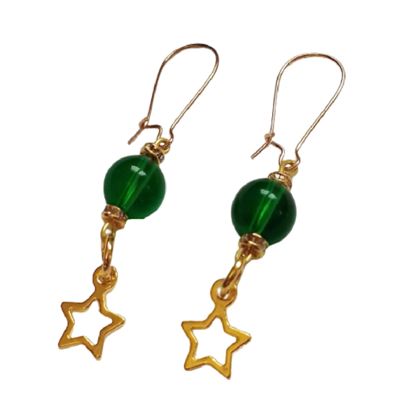Χριστουγεννιάτικα σκουλαρίκια με πράσινη χάντρα και χρυσαφί αστέρι, 6 εκατοστά. - γυαλί, μαμά, κοσμήματα, χριστουγεννιάτικα δώρα, μπάλες