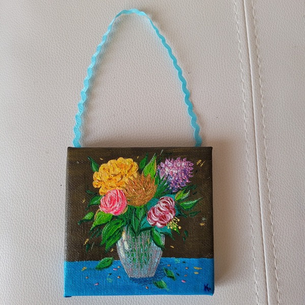 Μικρό πινακάκι με θέμα βάζο με λουλούδια, ζωγραφισμένο στο χέρι, καμβάς σε τελάρο 10*10 cm - ζωγραφισμένα στο χέρι, πίνακες & κάδρα - 5