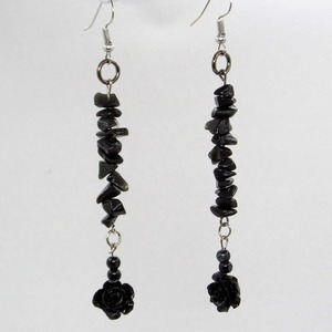 "Black Rose" Σκουλαρίκια μακριά με ημιπολύτιμες πέτρες και ακρυλικά στοιχεία σε μαύρο χρώμα - ημιπολύτιμες πέτρες, γυαλί, λουλούδι, κρεμαστά, γάντζος - 2
