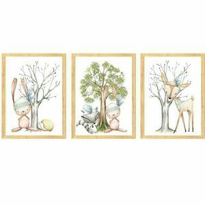 Σετ 3 κάδρα ζωάκια του δάσους με δέντρο για αγόρι με κορνίζα από ξύλο( 22 χ 31 εκ. ) - πίνακες & κάδρα, αγόρι, δώρο, δώρα για παιδιά, ζωάκια, παιδικά κάδρα