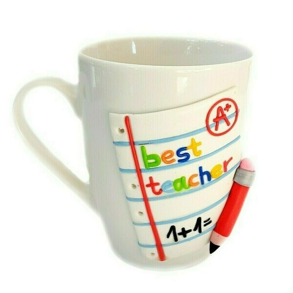 Κούπα για την δασκάλα "best teacher" με στοιχεία από πολυμερικό πηλό (ύψος 10,5 εκ, 360 ml) - χειροποίητα, κούπες & φλυτζάνια, κούπες με ονόματα, παιδικές κούπες, προσωποποιημένα