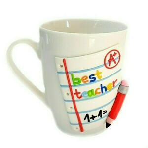 Κούπα για την δασκάλα "best teacher" με στοιχεία από πολυμερικό πηλό (ύψος 10,5 εκ, 360 ml) - χειροποίητα, κούπες & φλυτζάνια, δώρα για δασκάλες, κούπες με ονόματα, παιδικές κούπες, προσωποποιημένα