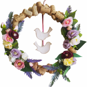 Χειροποίητο στεφάνι 38 cm διακοσμημένο με φελλούς και λουλούδια - στεφάνια, φελλός, λουλούδια, πουλάκια