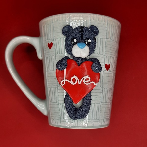 Τρισδιάστατη κούπα αρκουδάκι με καρδούλα love - πηλός, αρκουδάκι, ζευγάρια, δώρα αγίου βαλεντίνου, κούπες & φλυτζάνια - 2